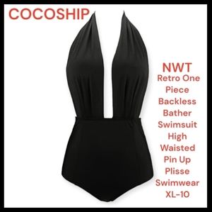 COCOSHIP Women's Retro One Piece Backless black HR Pin Up Plisse Swimsuit 10